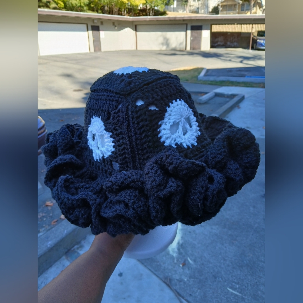 Skull Granny Square Crochet Ruffle Bucket Hat